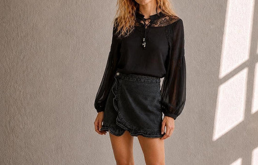 Elegant Black Sheer Blouse with Lace Details for a Gothic Romantic Style