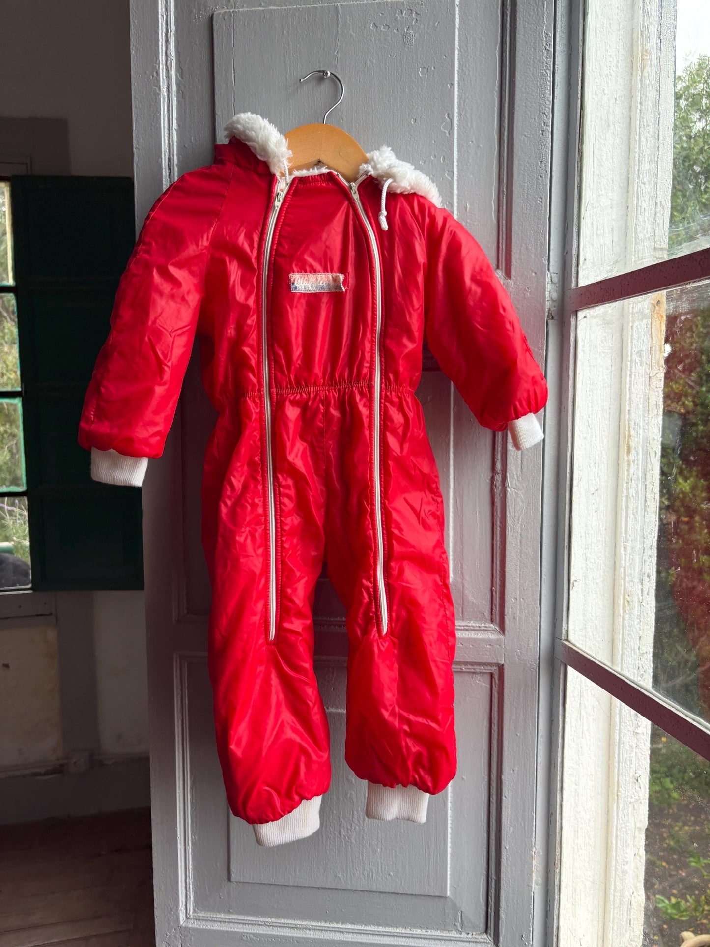 Vintage Italian Red Baby Snowsuit — detail