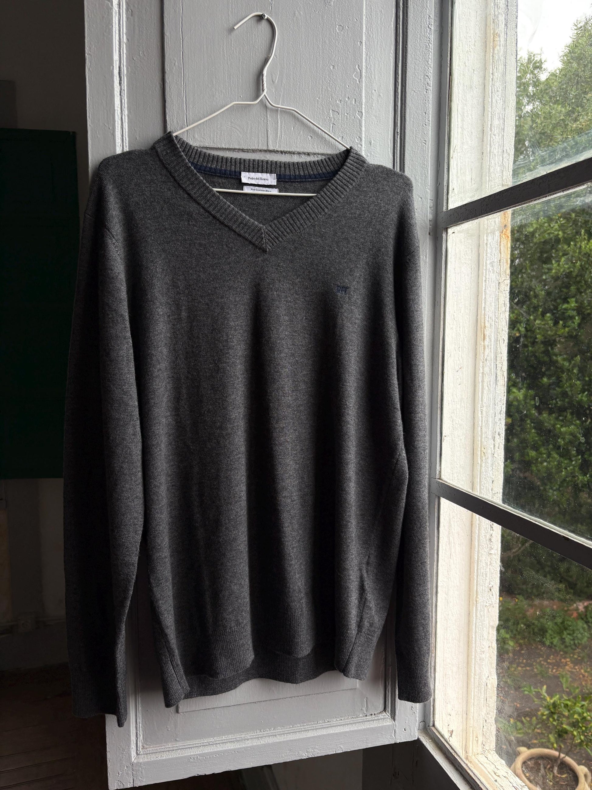 Pedro Del Hierro Men Wool - Cashmere Jumper, Luxury Grey V Neck Sweater, Soft Grandpa Core XL