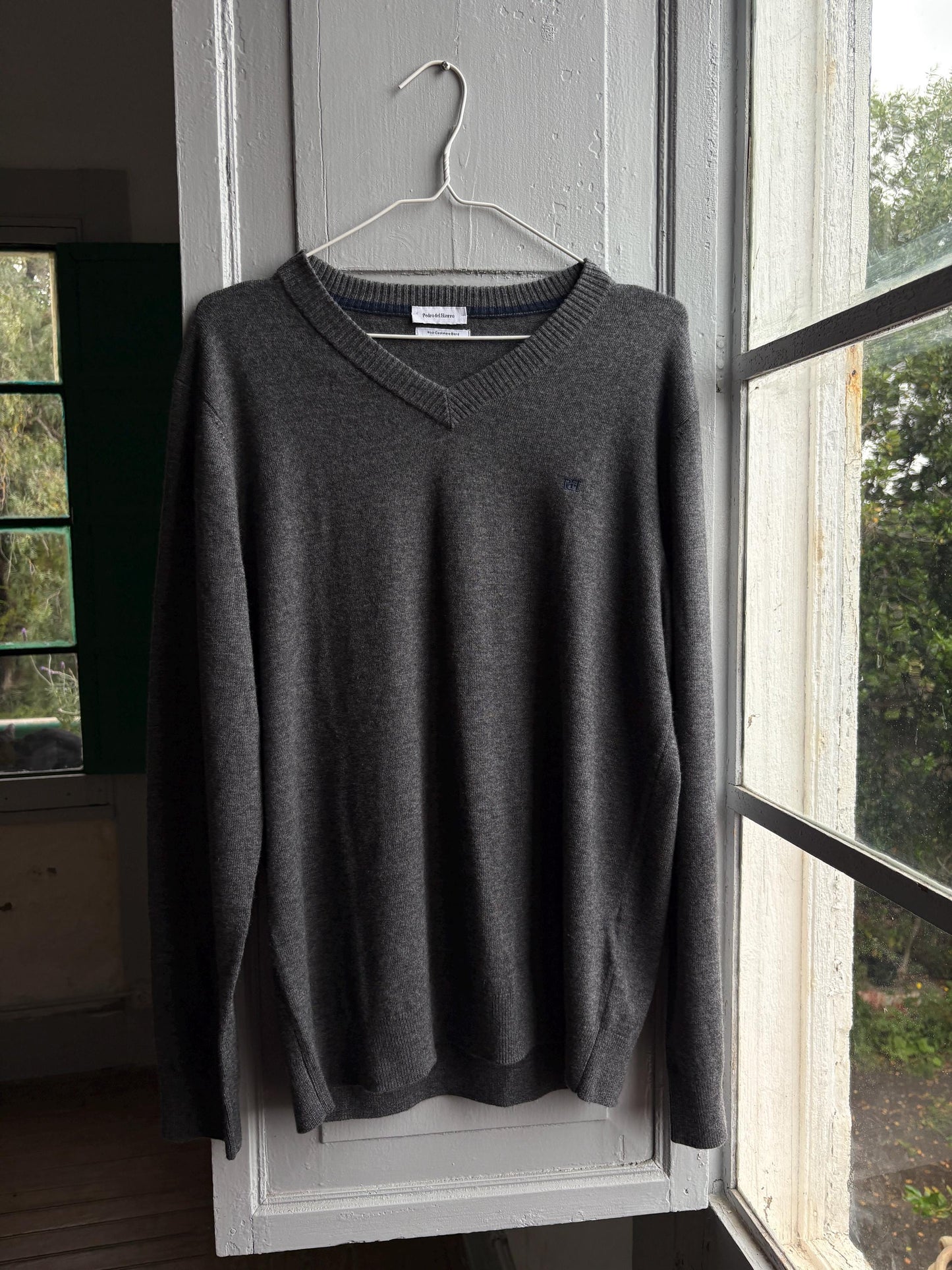 Pedro Del Hierro Men Wool - Cashmere Jumper, Luxury Grey V Neck Sweater, Soft Grandpa Core XL