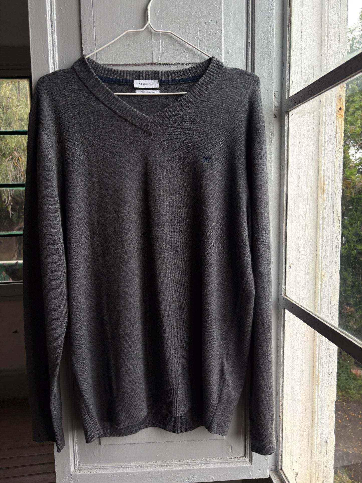Pedro Del Hierro Men Wool - Cashmere Jumper, Luxury Grey V Neck Sweater, Soft Grandpa Core XL