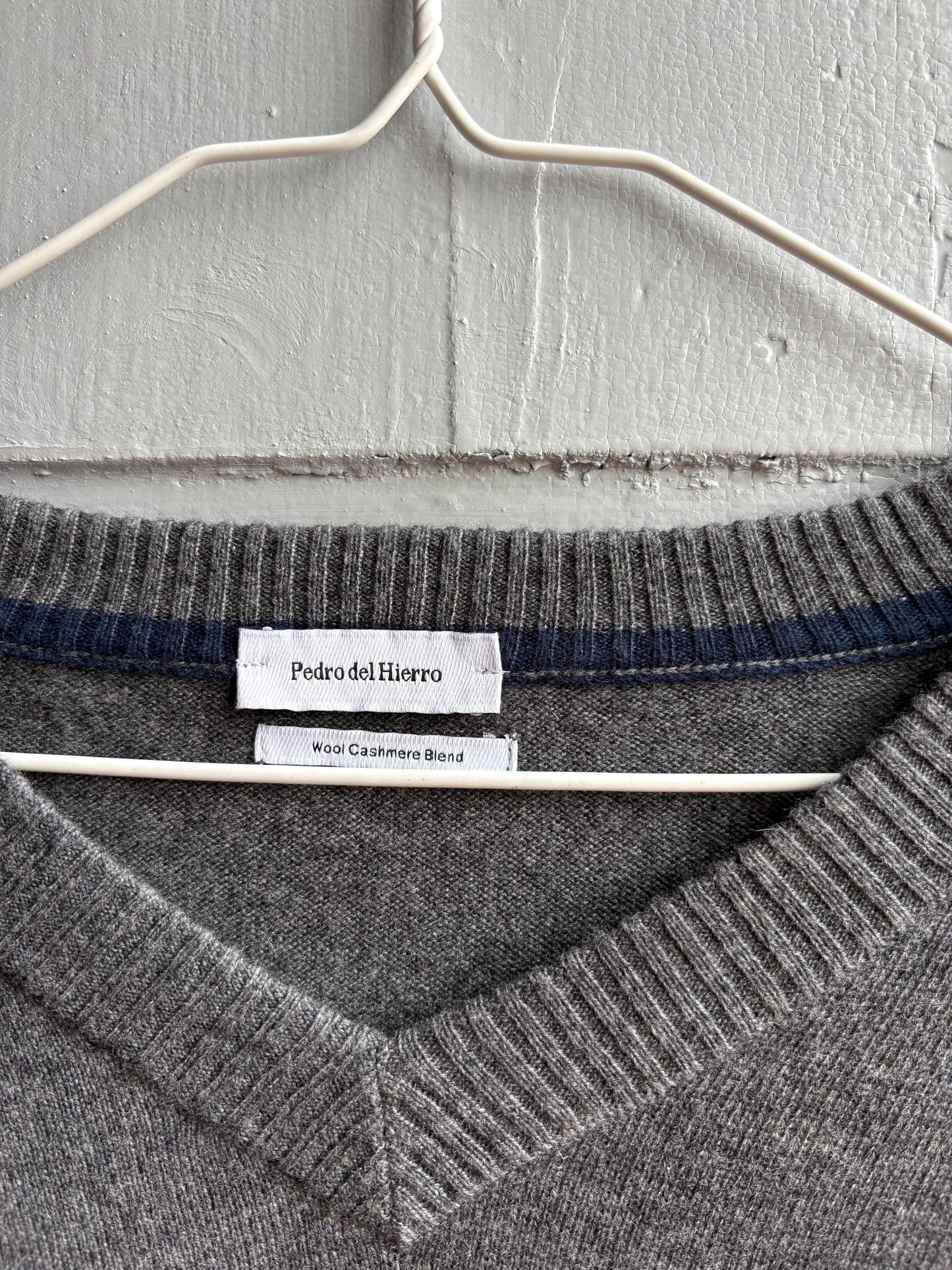 Pedro Del Hierro Men Wool - Cashmere Jumper, Luxury Grey V Neck Sweater, Soft Grandpa Core XL