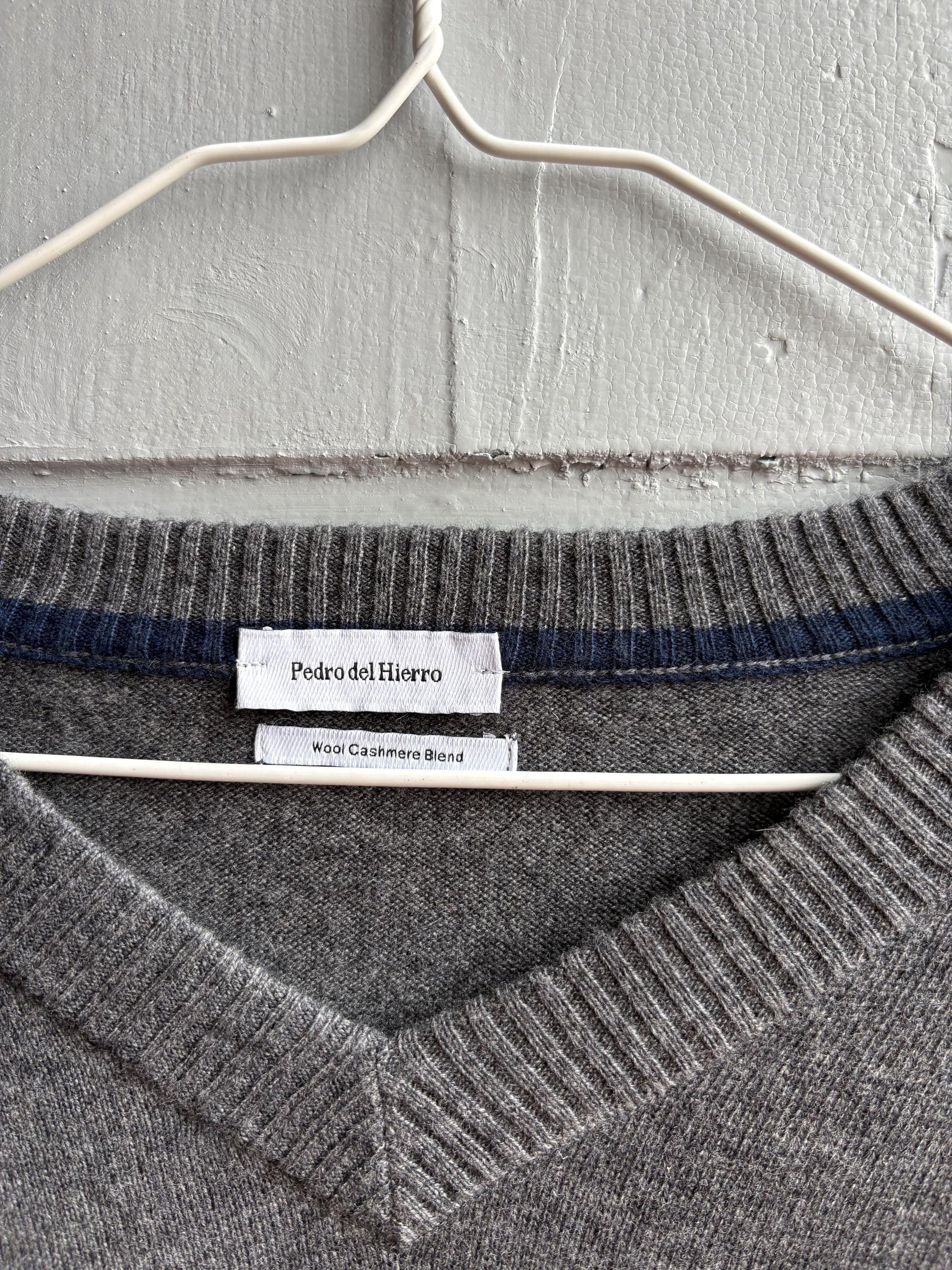 Pedro Del Hierro Men Wool - Cashmere Jumper, Luxury Grey V Neck Sweater, Soft Grandpa Core XL