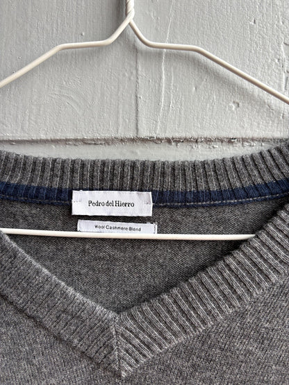 Pedro Del Hierro Men Wool - Cashmere Jumper, Luxury Grey V Neck Sweater, Soft Grandpa Core XL