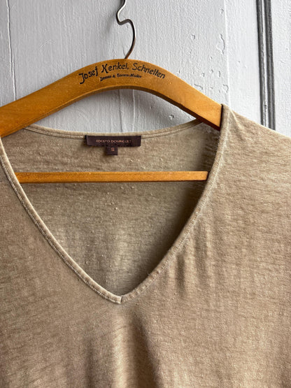 Luxe Adolfo Dominguez Linen Blend tan T Shirt, Women Minimalist Beige Taupe V Neck Relaxed Summer Top, Size S