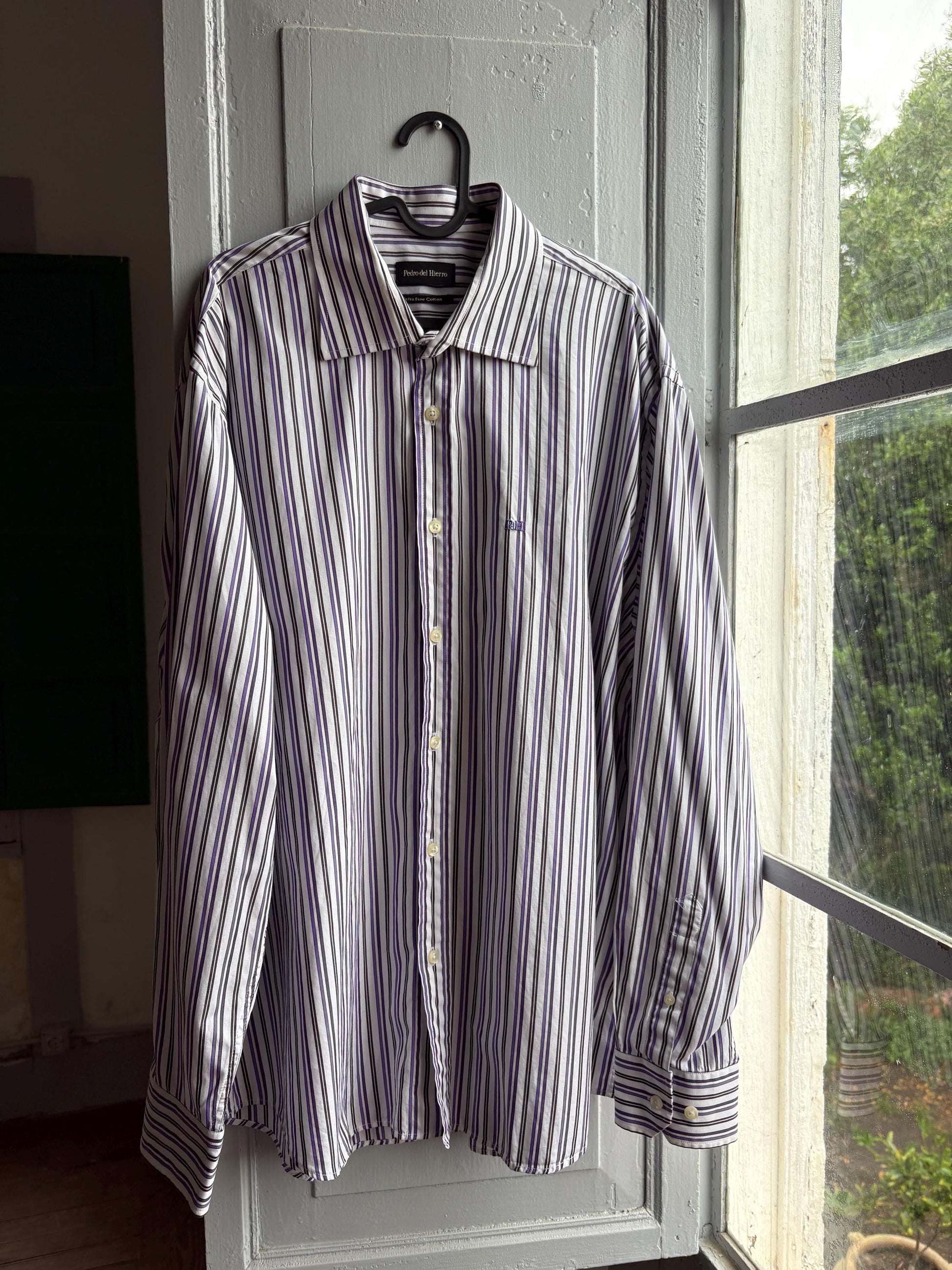 Pedro Del Hierro Men Shirt, Purple Stripe Luxury Button Down, Extra Fine Cotton, Size XXL