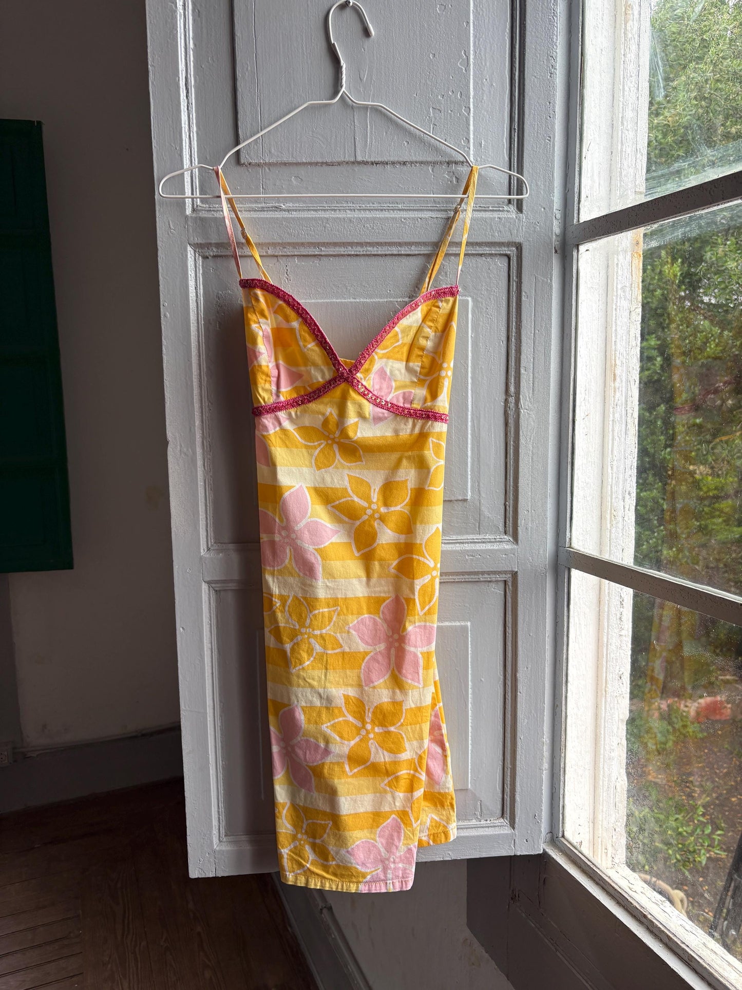 Vintage Y2K Rip Curl Floral Mini Dress, Pink Yellow Sequin Summer Slip, Women Beach Surf Aesthetic, Size S