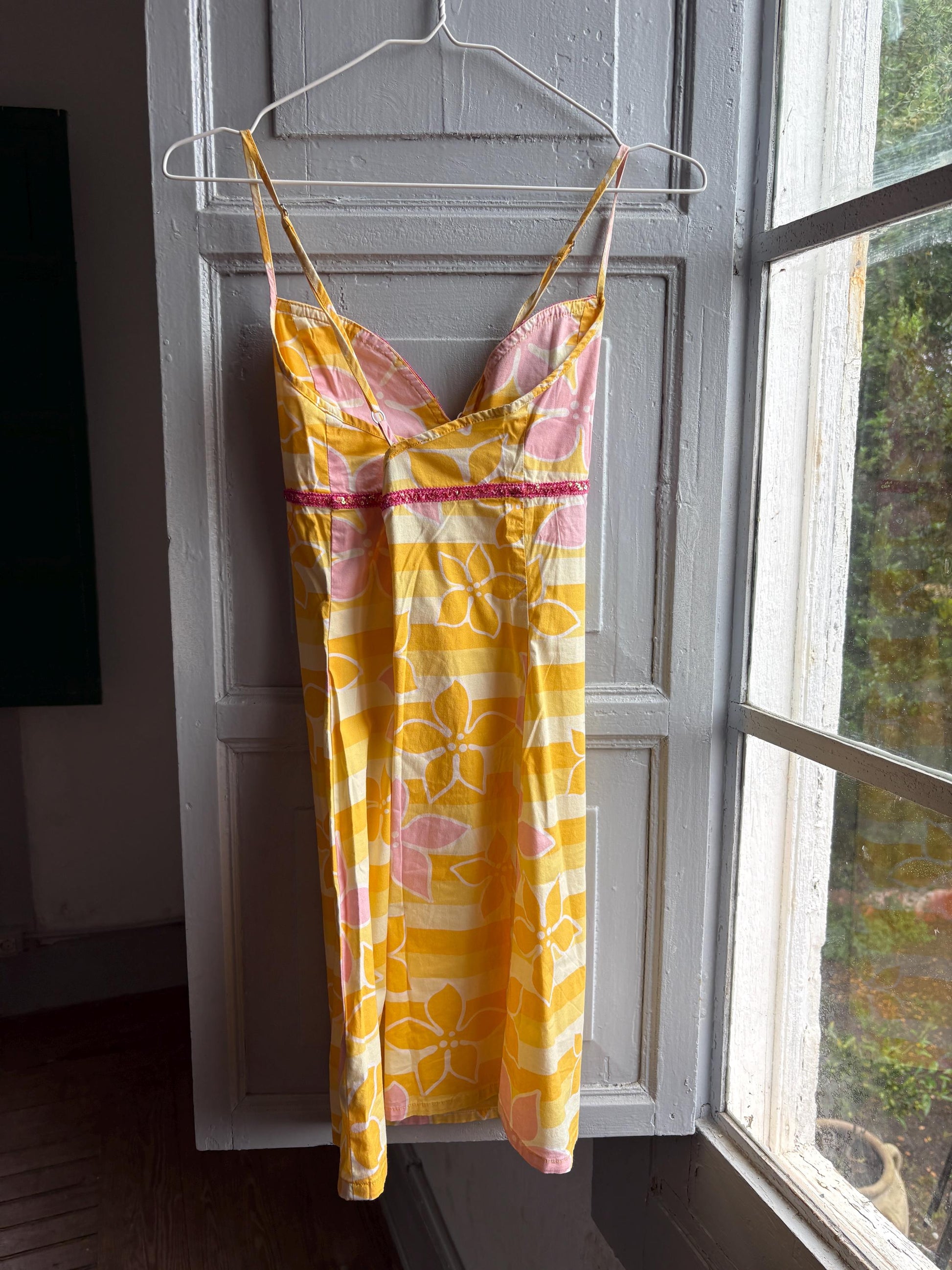 Vintage Y2K Rip Curl Floral Mini Dress, Pink Yellow Sequin Summer Slip, Women Beach Surf Aesthetic, Size S
