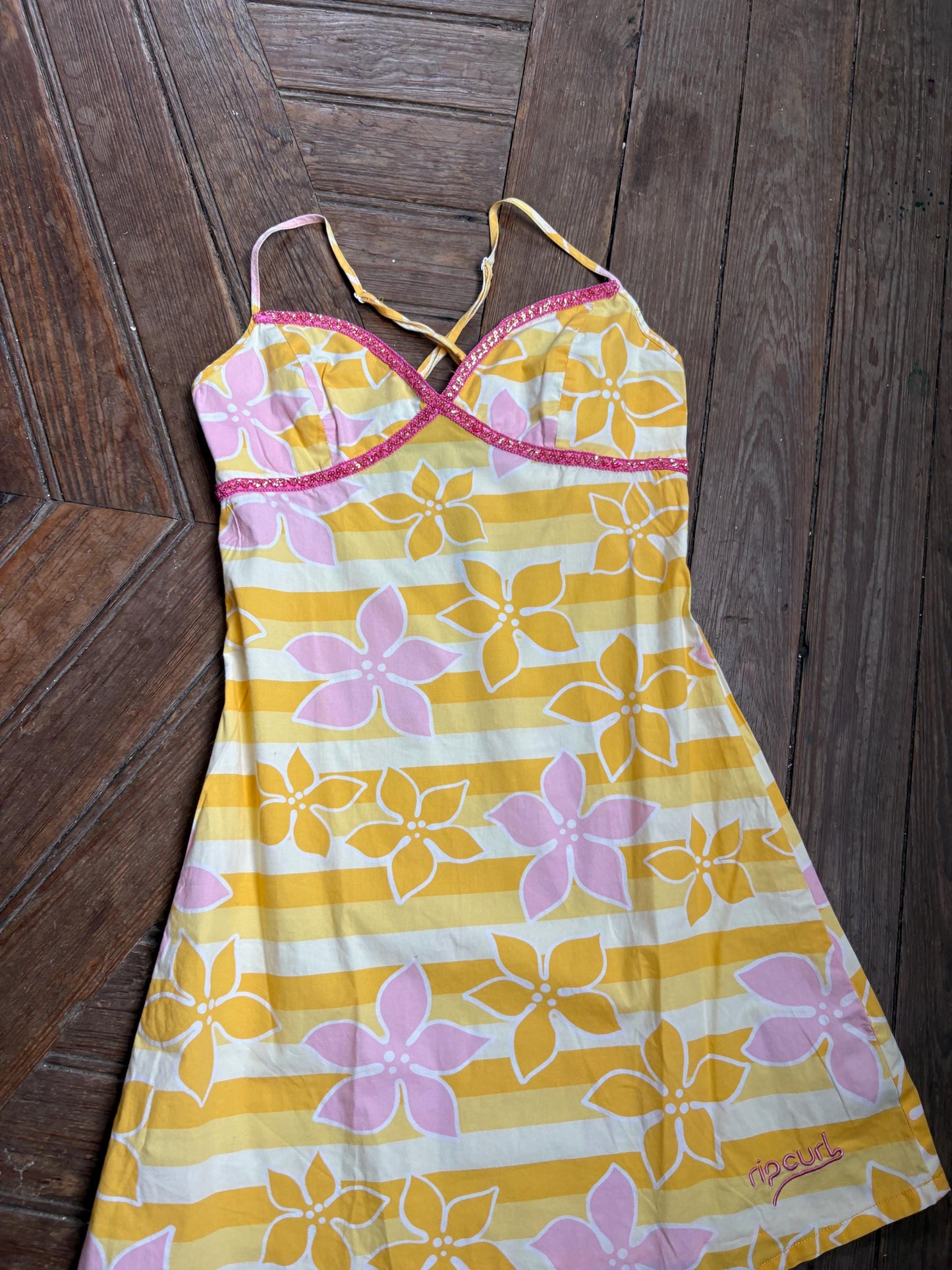 Vintage Y2K Rip Curl Floral Mini Dress, Pink Yellow Sequin Summer Slip, Women Beach Surf Aesthetic, Size S