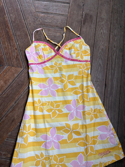 Vintage Y2K Rip Curl Floral Mini Dress, Pink Yellow Sequin Summer Slip, Women Beach Surf Aesthetic, Size S