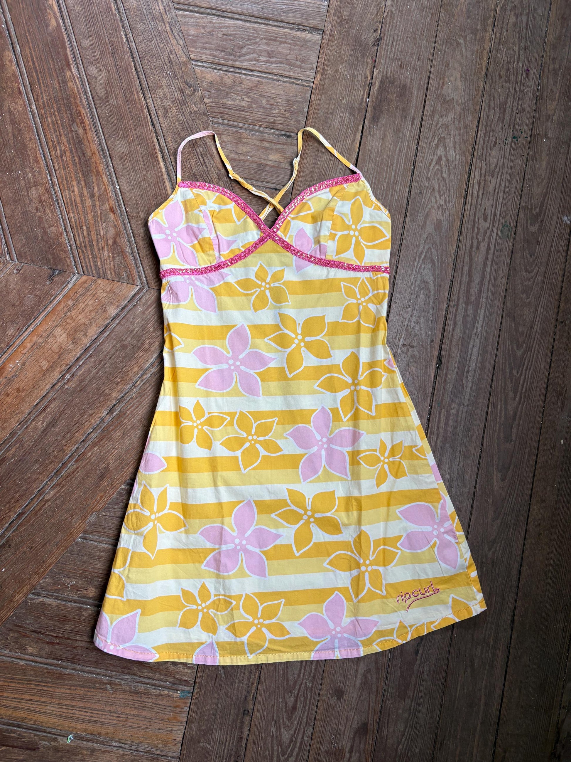 Vintage Y2K Rip Curl Floral Mini Dress, Pink Yellow Sequin Summer Slip, Women Beach Surf Aesthetic, Size S