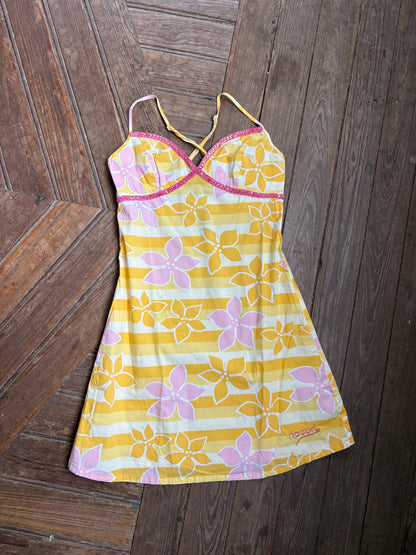 Vintage Y2K Rip Curl Floral Mini Dress, Pink Yellow Sequin Summer Slip, Women Beach Surf Aesthetic, Size S