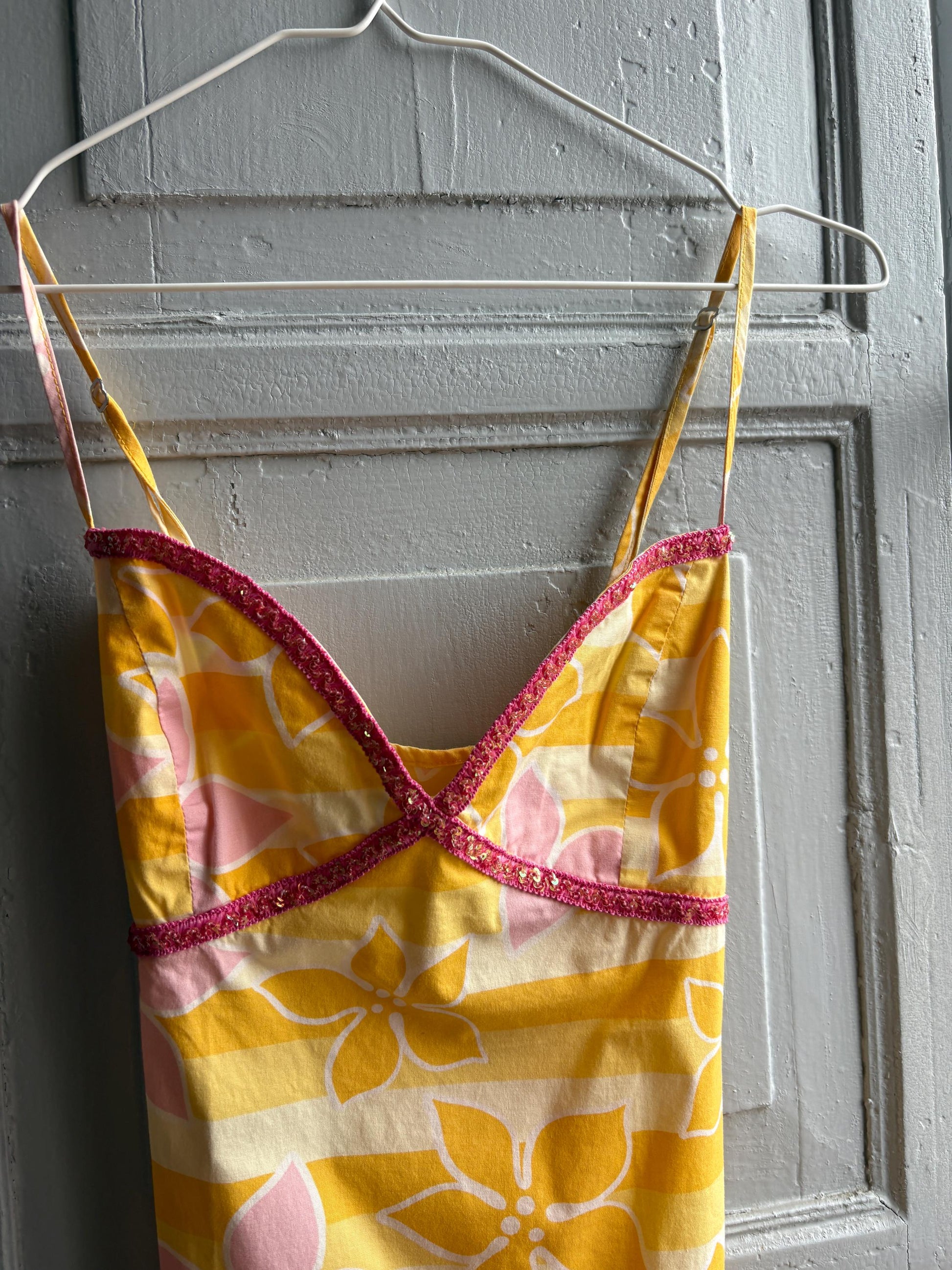 Vintage Y2K Rip Curl Floral Mini Dress, Pink Yellow Sequin Summer Slip, Women Beach Surf Aesthetic, Size S