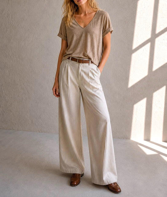 Luxe Adolfo Dominguez Linen Blend tan T Shirt, Women Minimalist Beige Taupe V Neck Relaxed Summer Top, Size S
