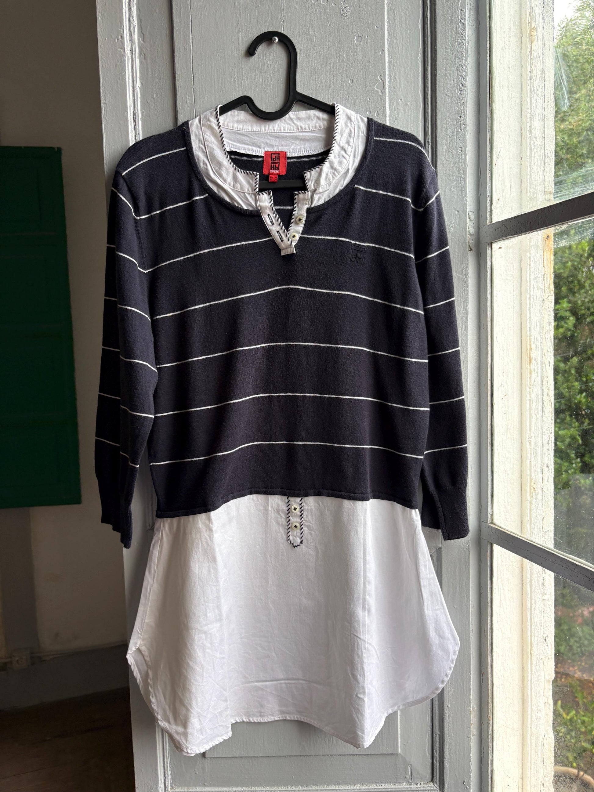 Navy Striped Cotton Layered Shirt — back view