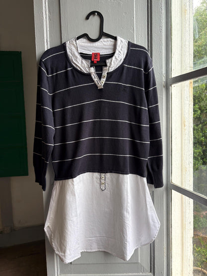 Navy Striped Cotton Layered Shirt — back view