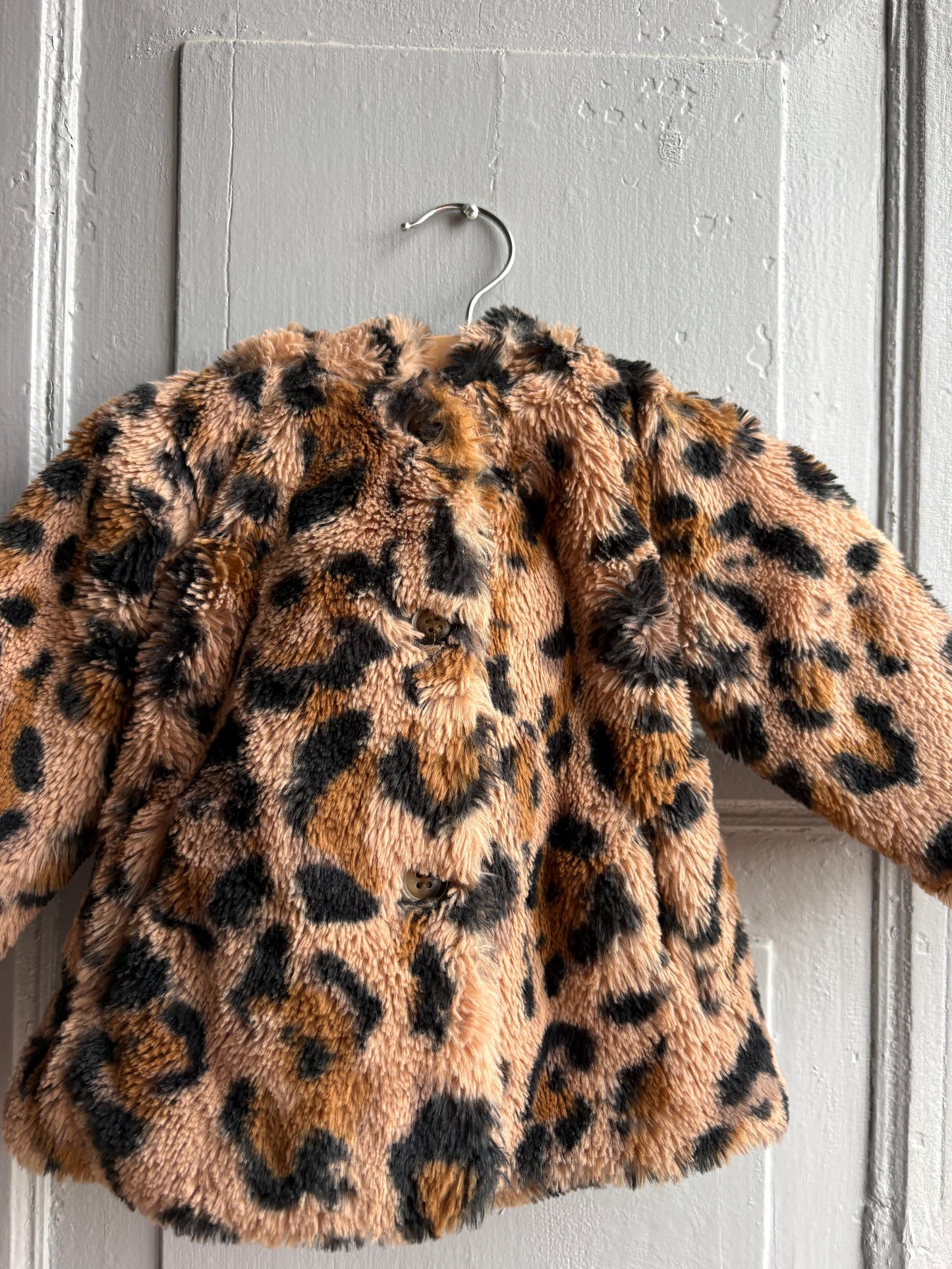 Toddler Leopard Print Faux Fur Winter Coat, Size 62 Baby Girl Jacket, Animal Print Hooded Cozy Soft Secondhand Gift
