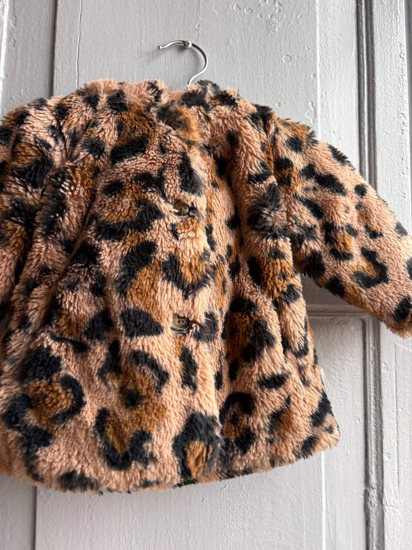 Toddler Leopard Print Faux Fur Winter Coat, Size 62 Baby Girl Jacket, Animal Print Hooded Cozy Soft Secondhand Gift
