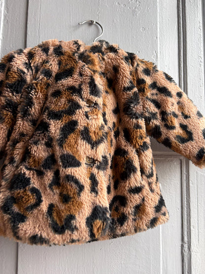 Toddler Leopard Print Faux Fur Winter Coat, Size 62 Baby Girl Jacket, Animal Print Hooded Cozy Soft Secondhand Gift