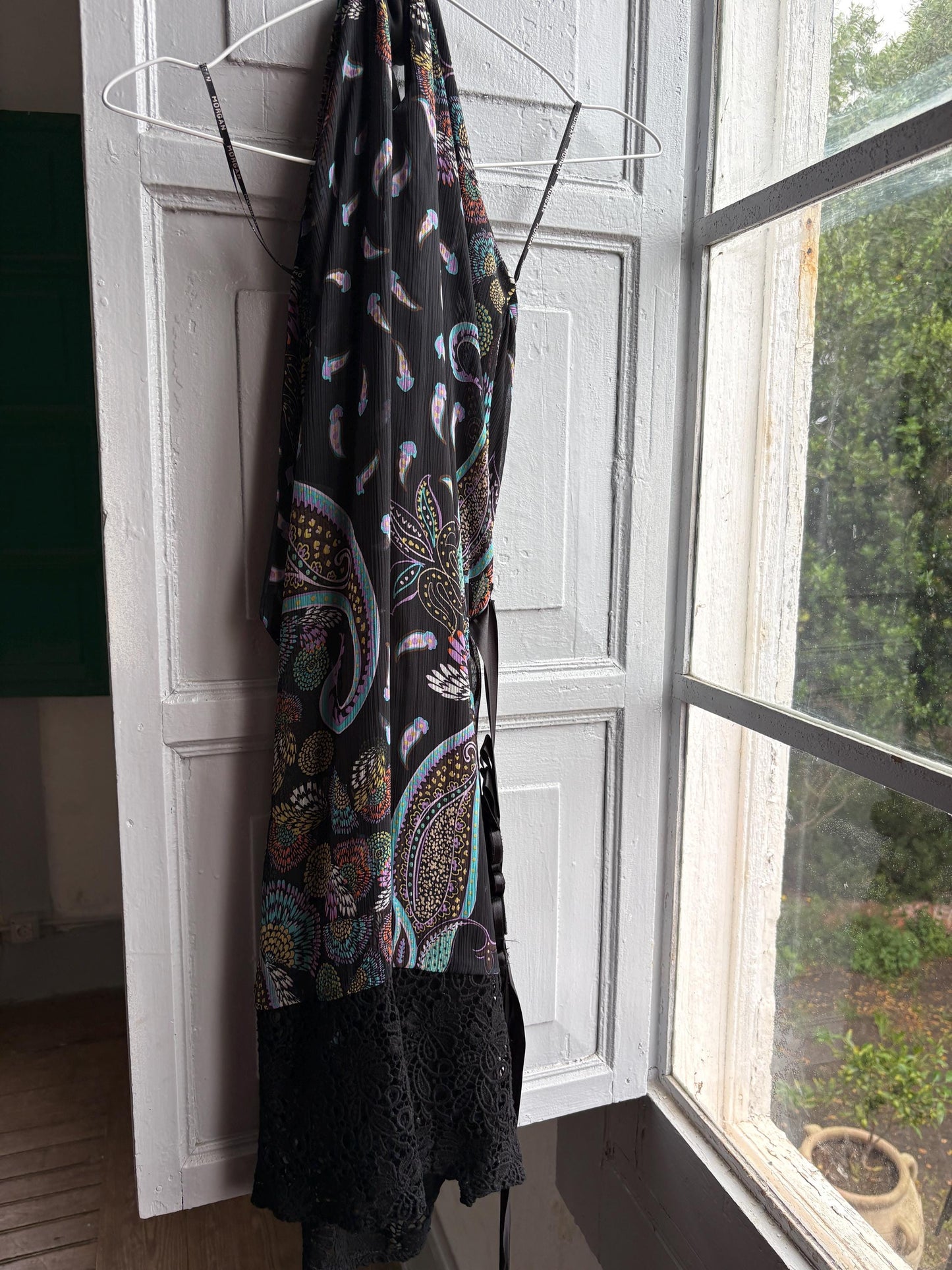 Morgan De Toi Halter Dress, Y2K Paisley Boho Party Dress, Black Lace Midi Dress, French Vintage EU 38