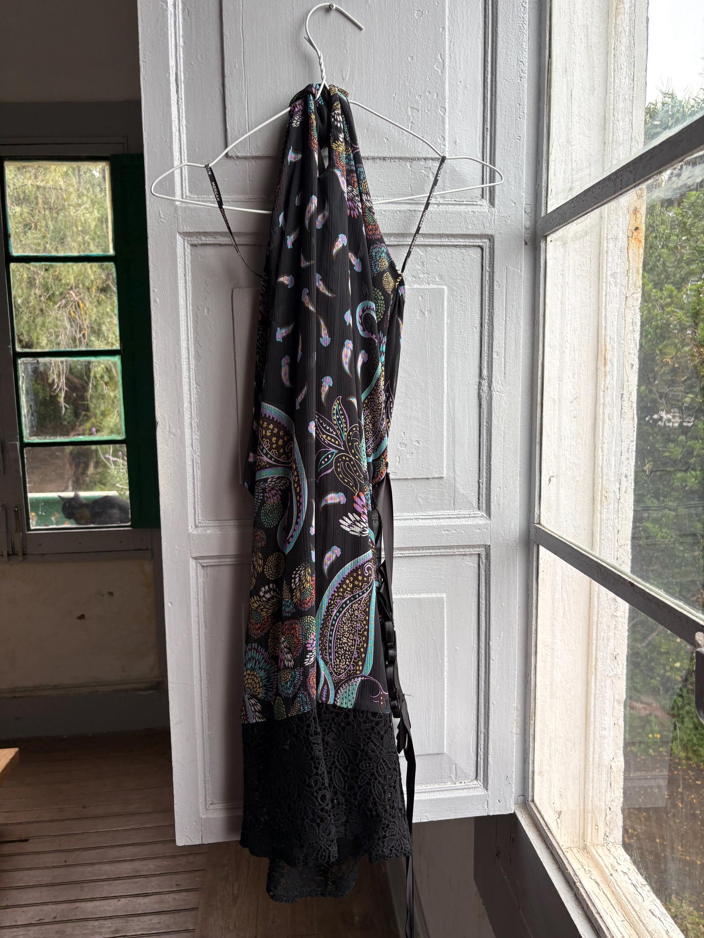 Morgan De Toi Halter Dress, Y2K Paisley Boho Party Dress, Black Lace Midi Dress, French Vintage EU 38