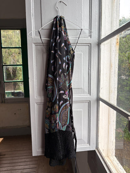Morgan De Toi Halter Dress, Y2K Paisley Boho Party Dress, Black Lace Midi Dress, French Vintage EU 38