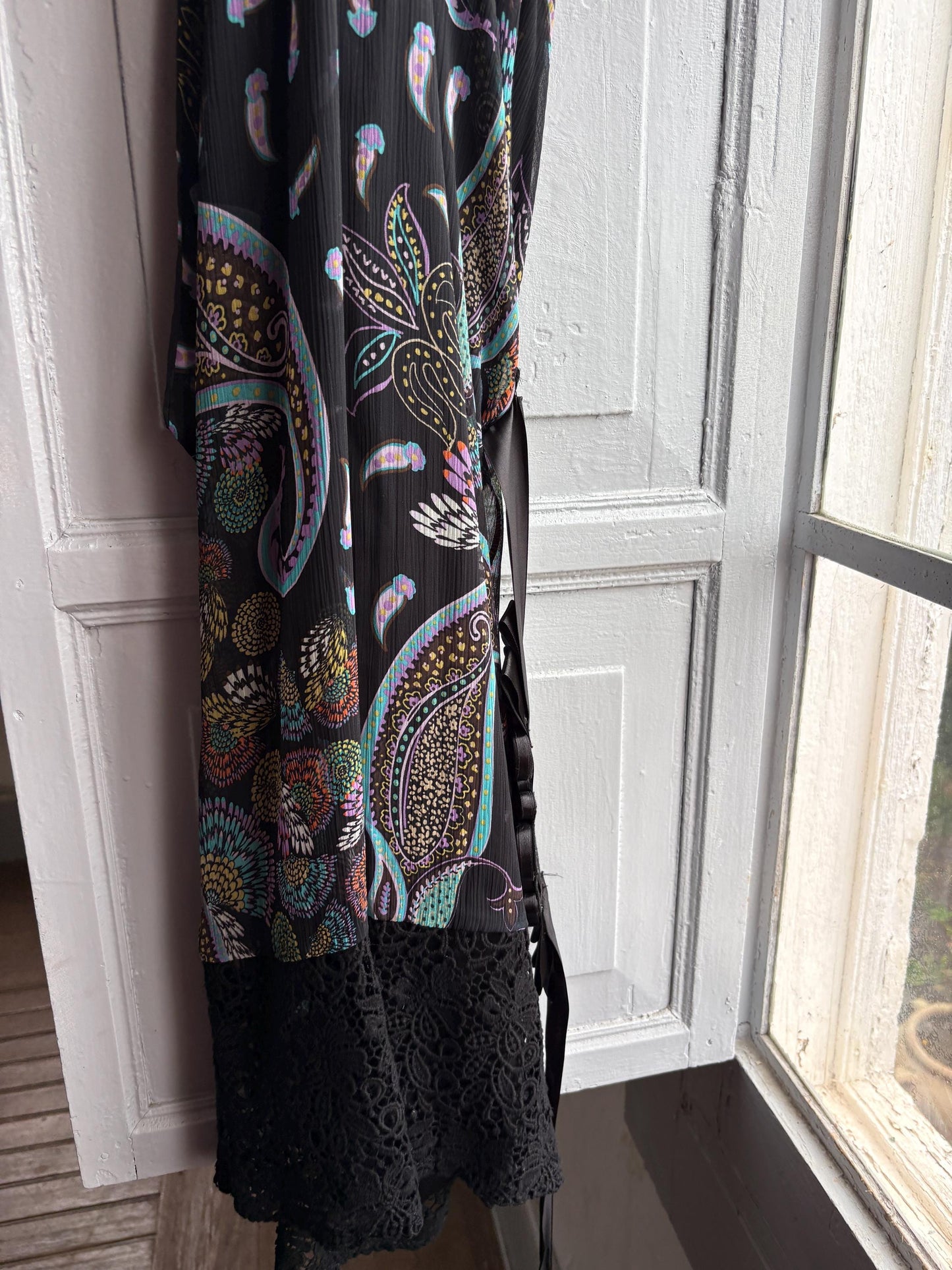 Morgan De Toi Halter Dress, Y2K Paisley Boho Party Dress, Black Lace Midi Dress, French Vintage EU 38