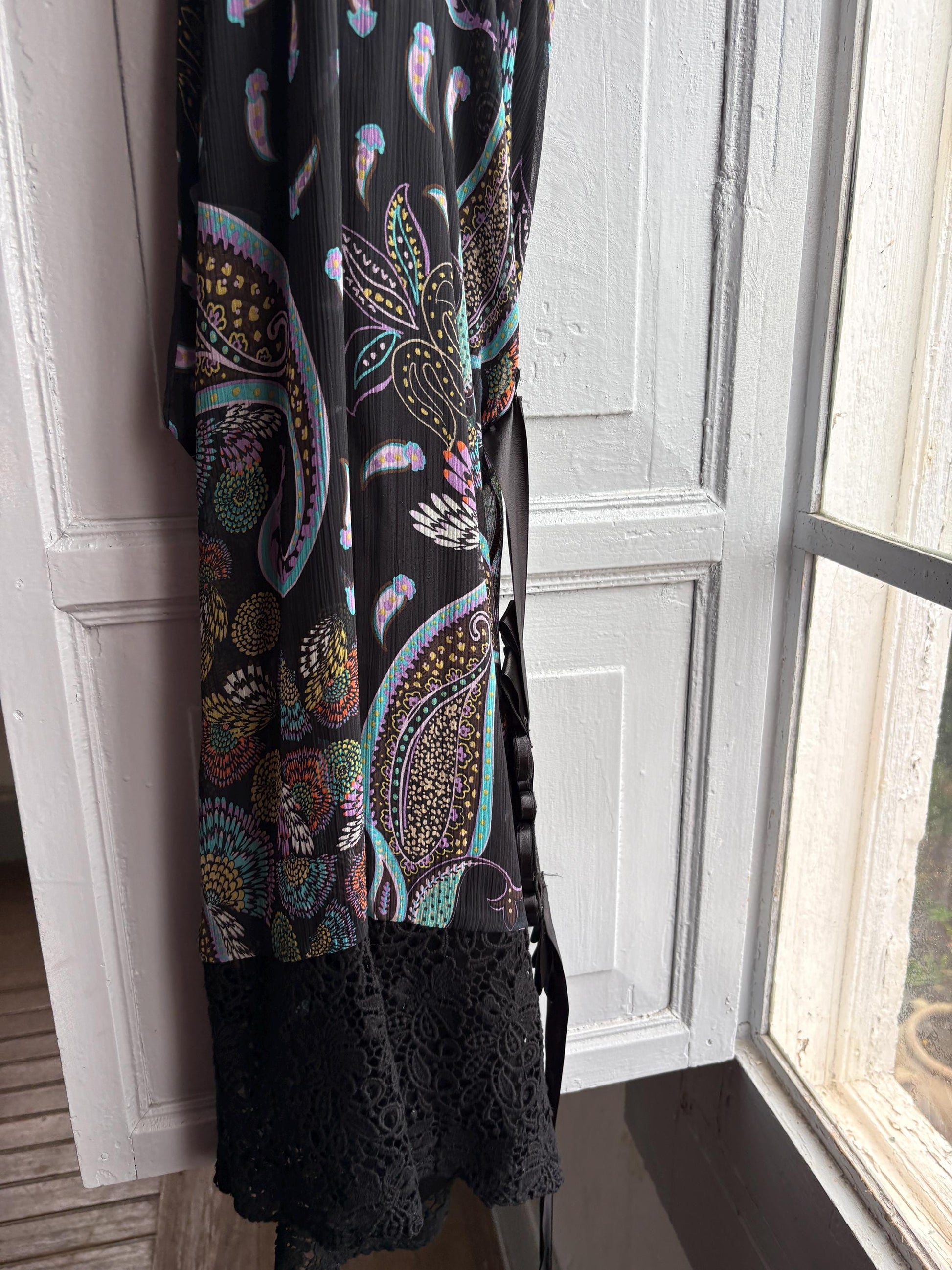 Morgan De Toi Halter Dress, Y2K Paisley Boho Party Dress, Black Lace Midi Dress, French Vintage EU 38