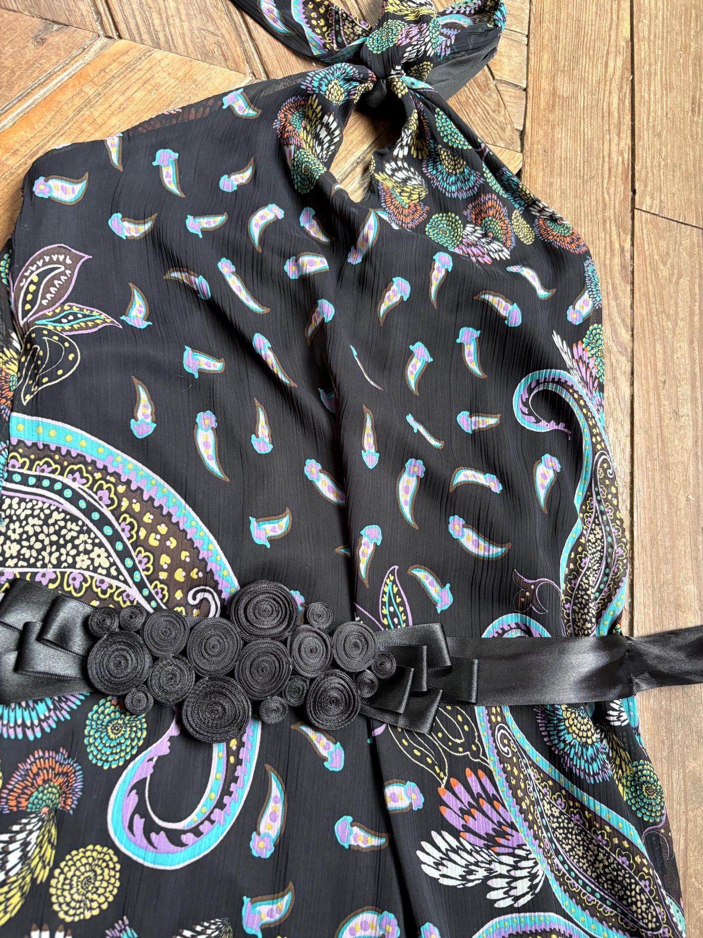 Morgan De Toi Halter Dress, Y2K Paisley Boho Party Dress, Black Lace Midi Dress, French Vintage EU 38