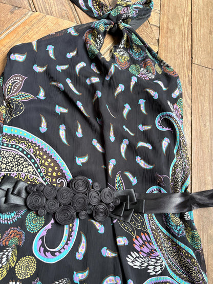 Morgan De Toi Halter Dress, Y2K Paisley Boho Party Dress, Black Lace Midi Dress, French Vintage EU 38