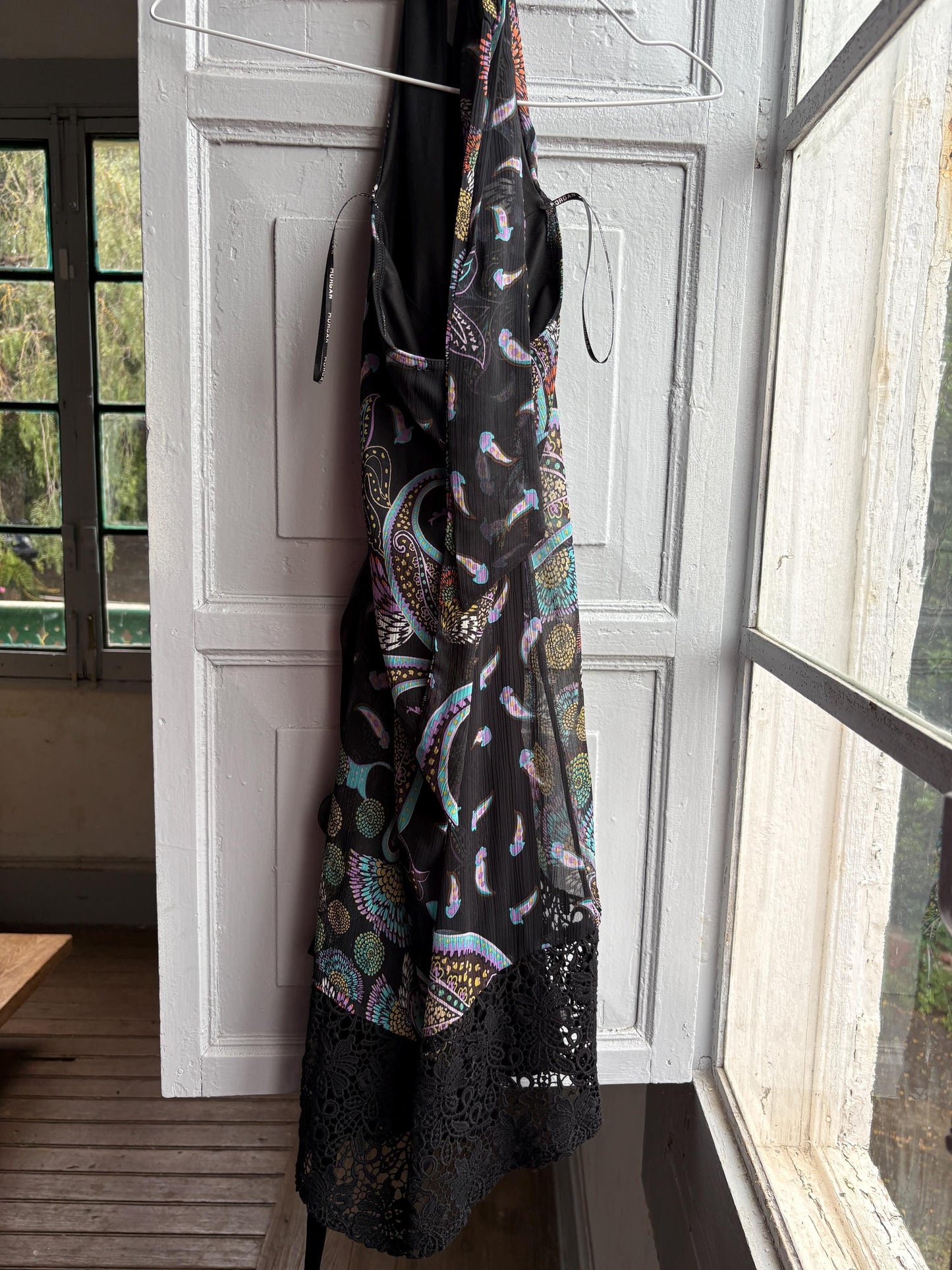 Morgan De Toi Halter Dress, Y2K Paisley Boho Party Dress, Black Lace Midi Dress, French Vintage EU 38