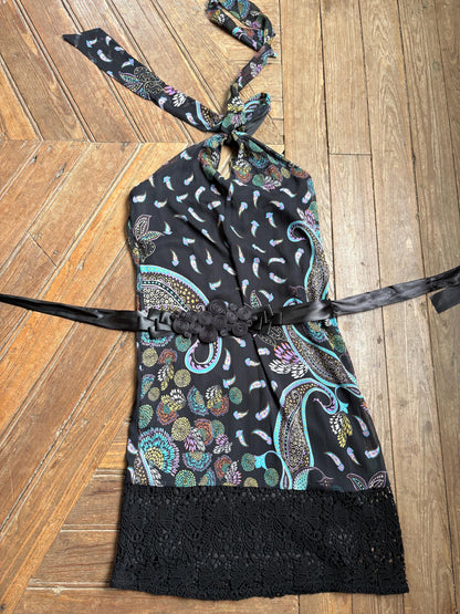 Morgan De Toi Halter Dress, Y2K Paisley Boho Party Dress, Black Lace Midi Dress, French Vintage EU 38