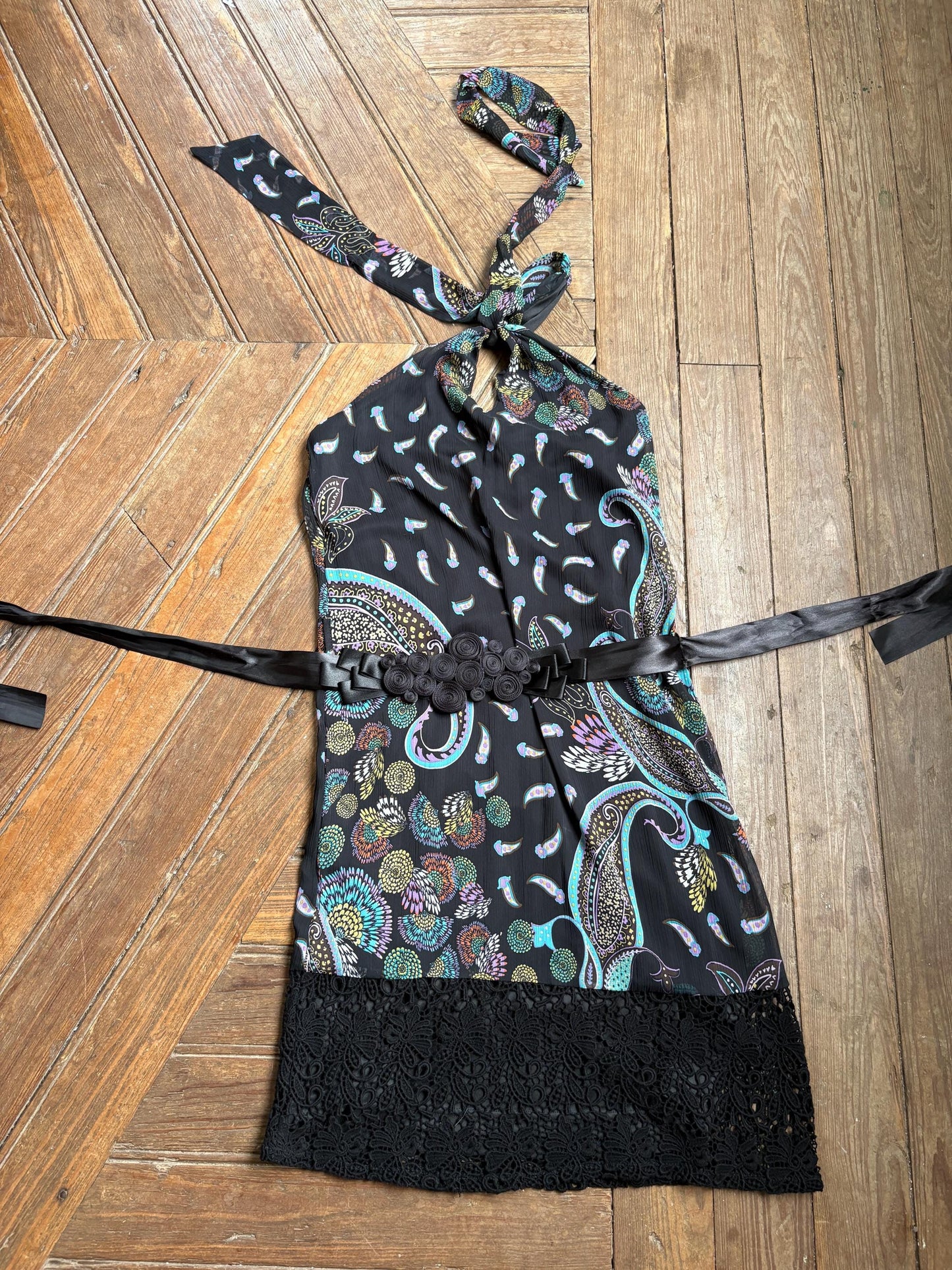 Morgan De Toi Halter Dress, Y2K Paisley Boho Party Dress, Black Lace Midi Dress, French Vintage EU 38