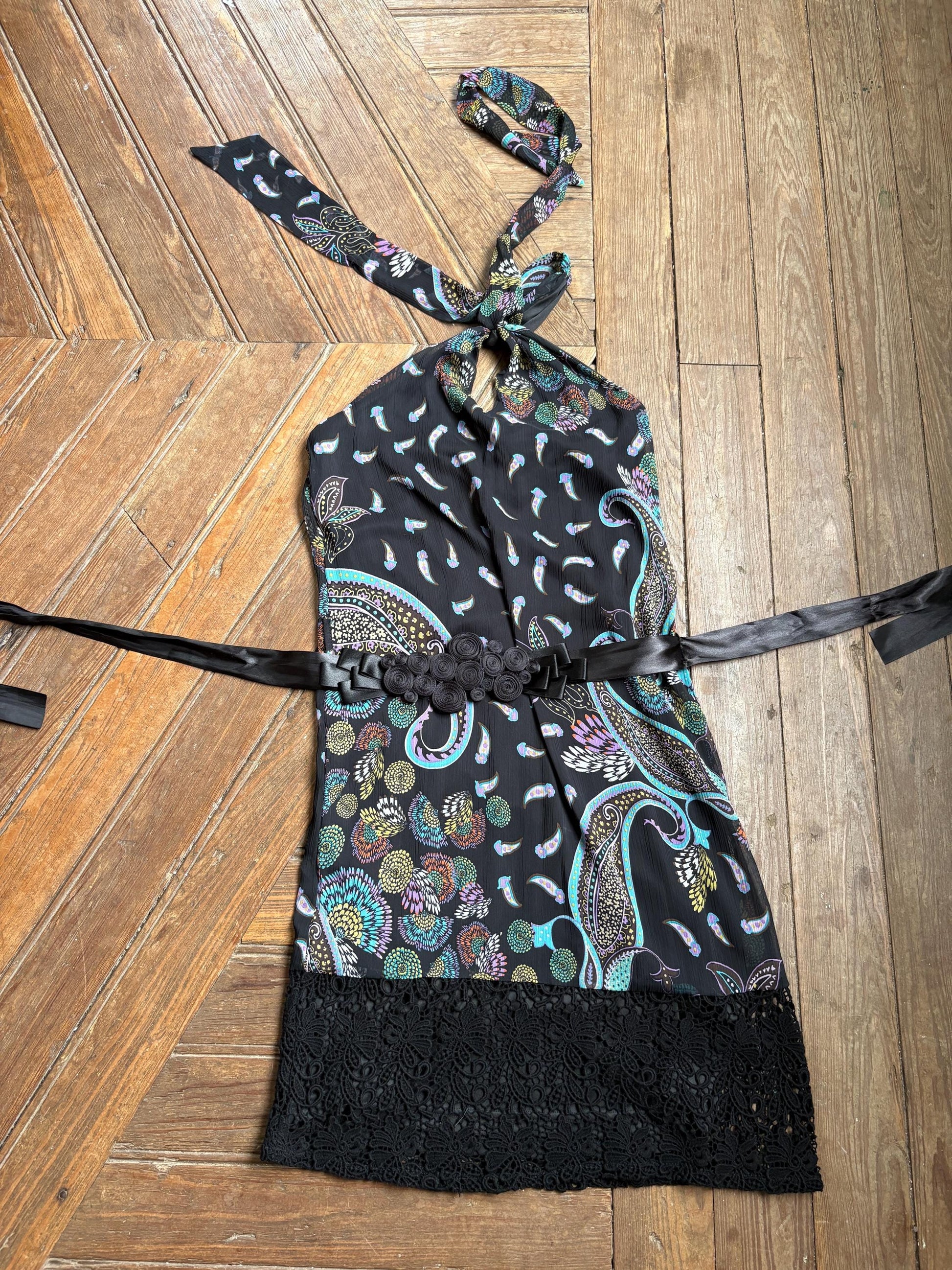 Morgan De Toi Halter Dress, Y2K Paisley Boho Party Dress, Black Lace Midi Dress, French Vintage EU 38
