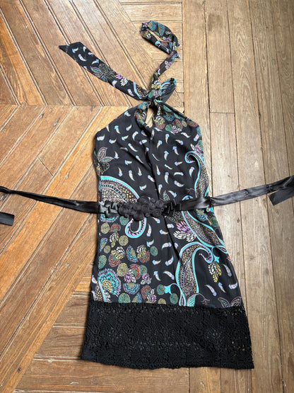 Morgan De Toi Halter Dress, Y2K Paisley Boho Party Dress, Black Lace Midi Dress, French Vintage EU 38