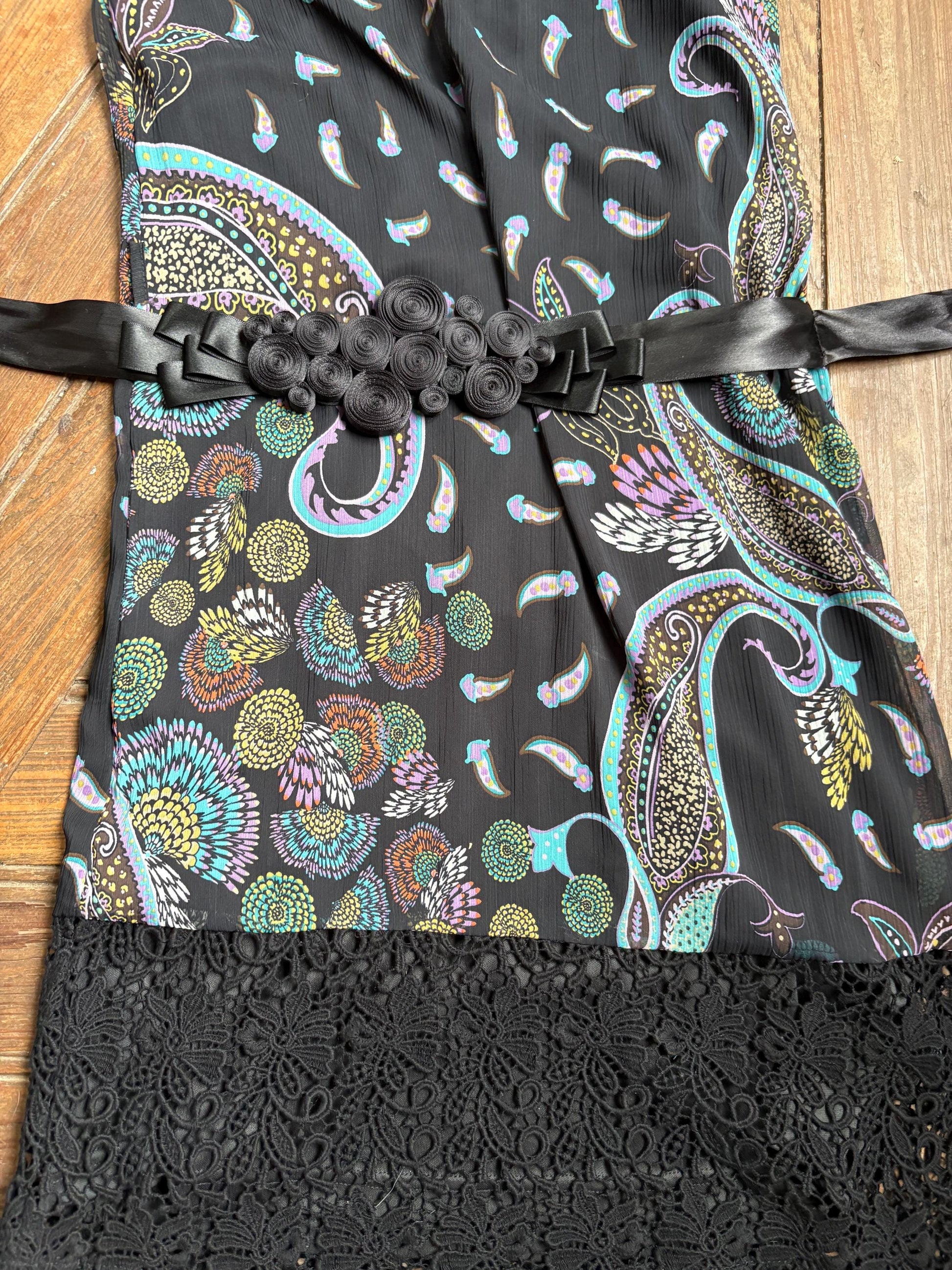 Morgan De Toi Halter Dress, Y2K Paisley Boho Party Dress, Black Lace Midi Dress, French Vintage EU 38