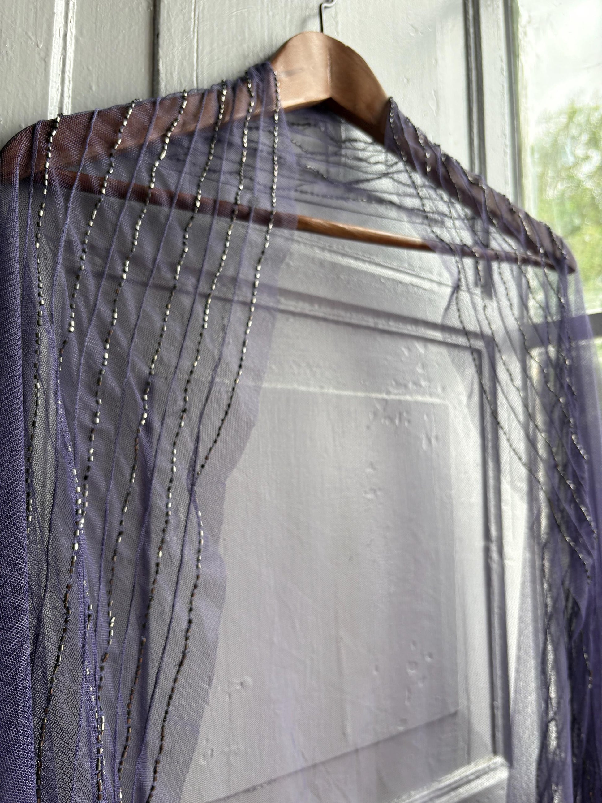 Vintage Purple Beaded Evening Shawl, Sheer Mesh Wrap, Formal Occasion Stole, Y2K Bridal Cover Up Scarf