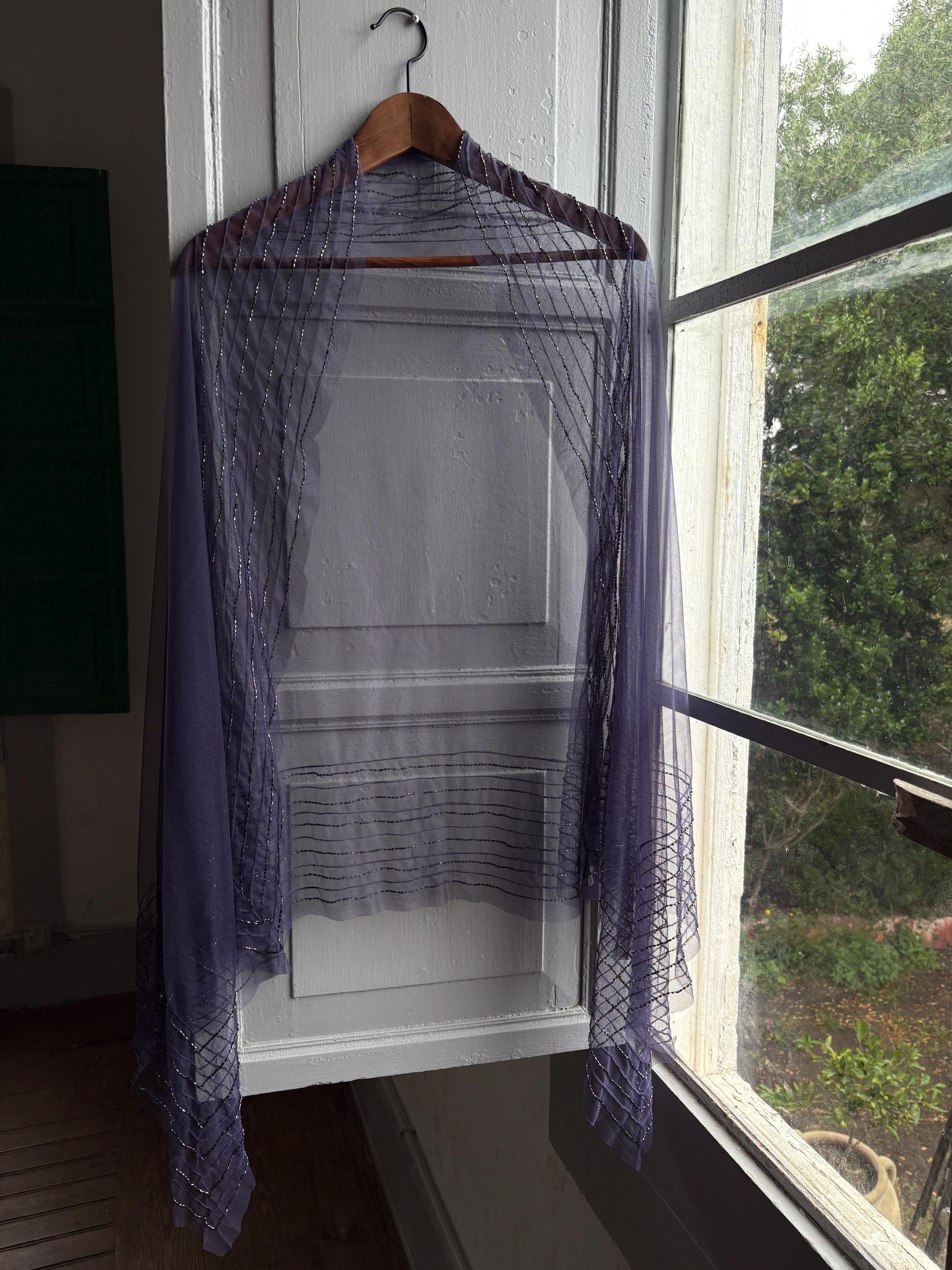 Vintage Purple Beaded Evening Shawl, Sheer Mesh Wrap, Formal Occasion Stole, Y2K Bridal Cover Up Scarf