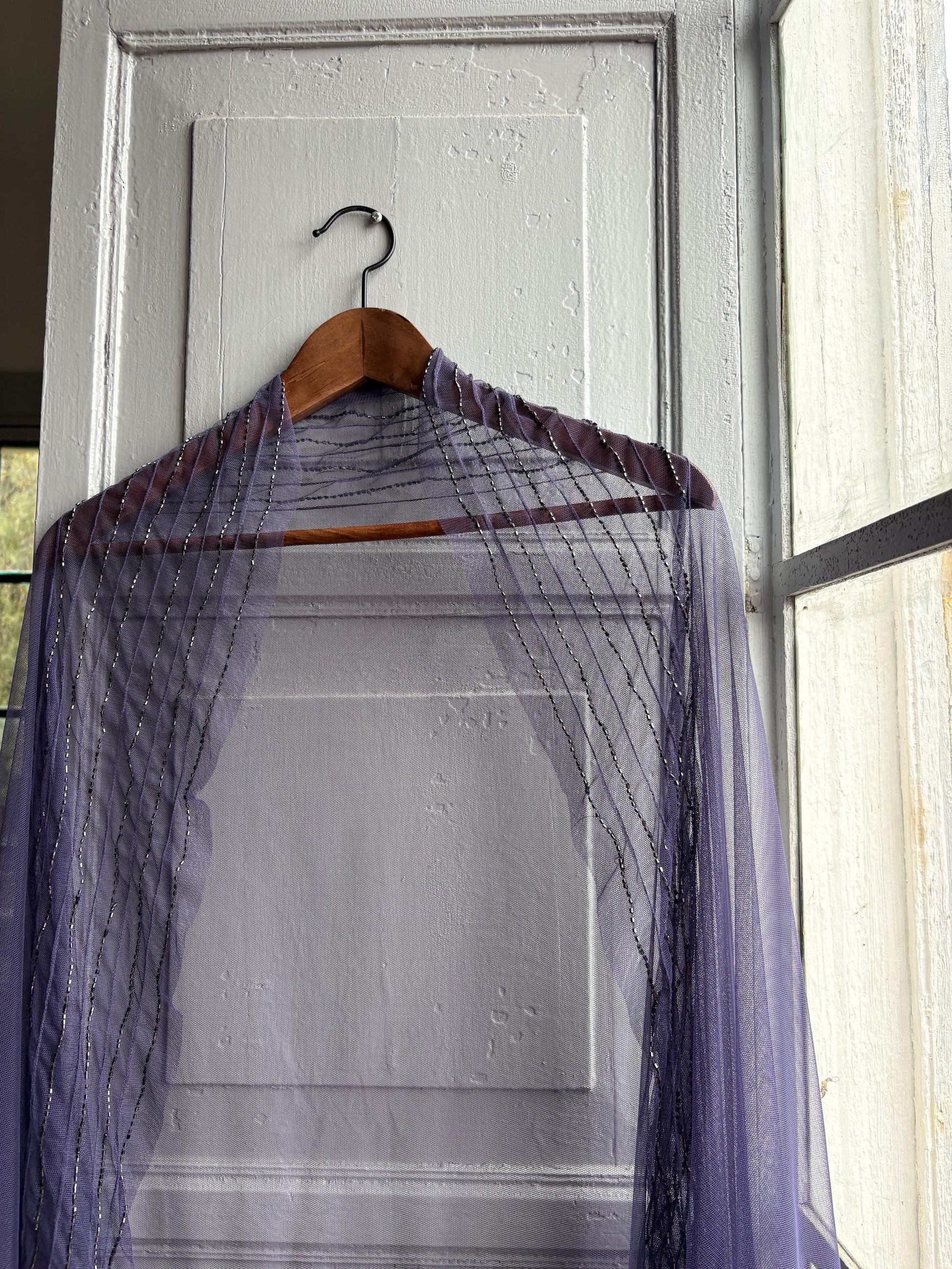 Vintage Purple Beaded Evening Shawl, Sheer Mesh Wrap, Formal Occasion Stole, Y2K Bridal Cover Up Scarf