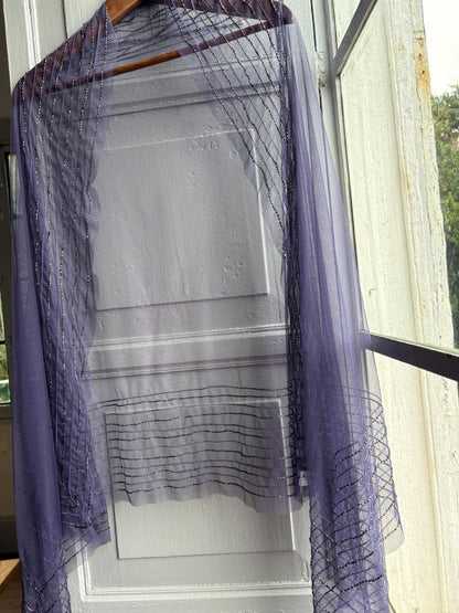 Vintage Purple Beaded Evening Shawl, Sheer Mesh Wrap, Formal Occasion Stole, Y2K Bridal Cover Up Scarf