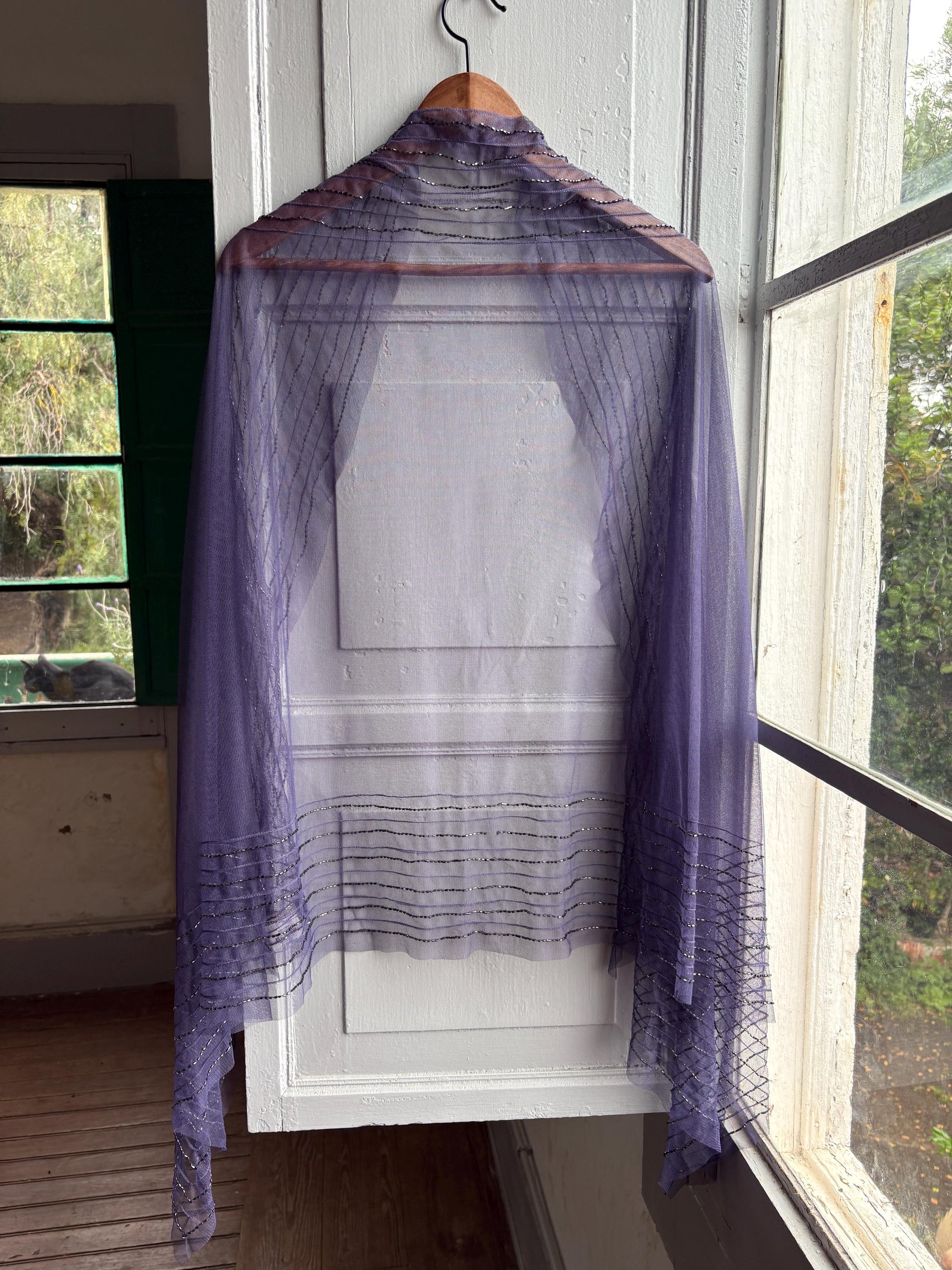 Vintage Purple Beaded Evening Shawl, Sheer Mesh Wrap, Formal Occasion Stole, Y2K Bridal Cover Up Scarf