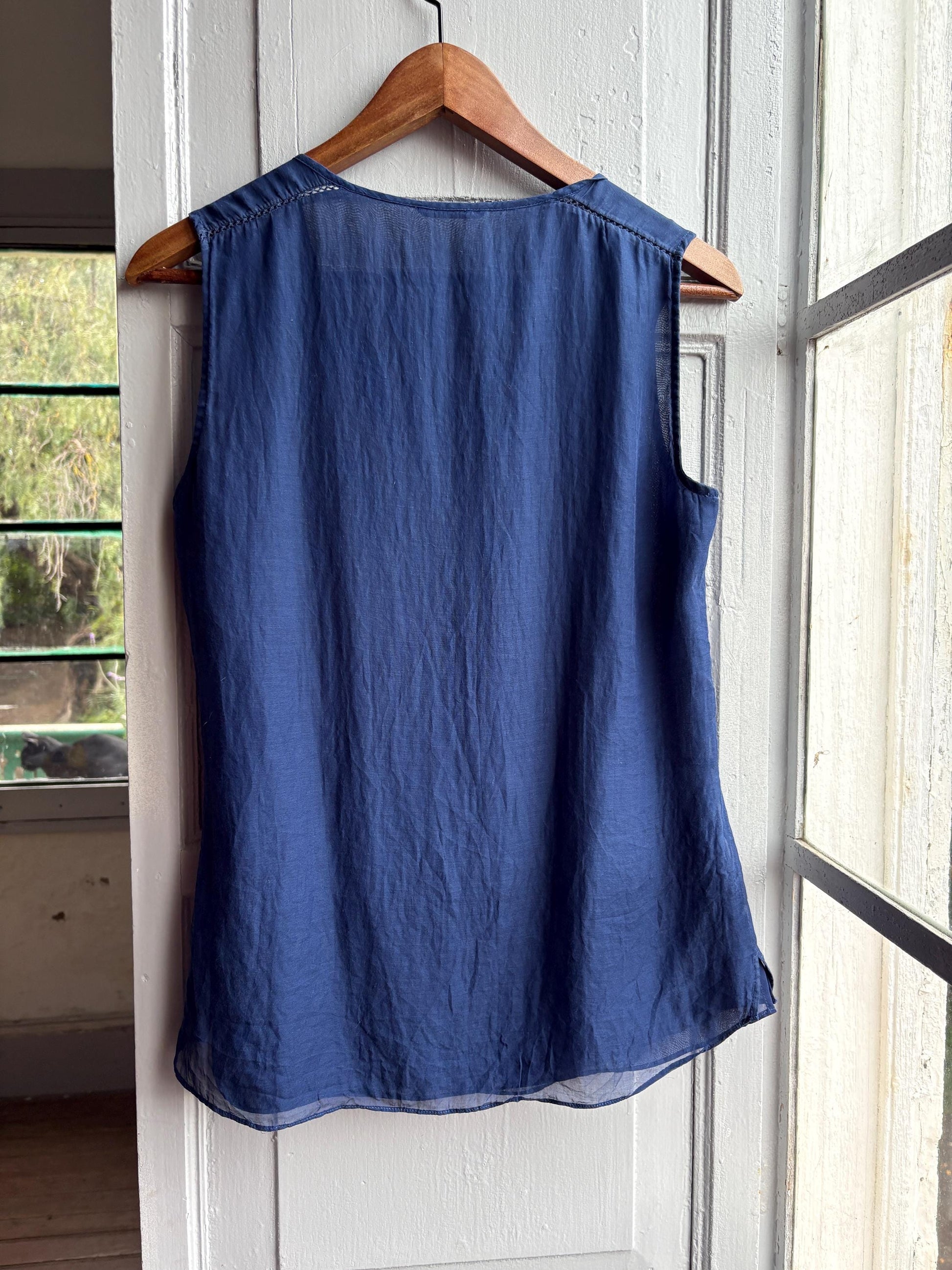 Massimo Dutti Silk Cotton Camisole, Blue Ruffle Blouse, Women Pearl Button summer Top, S