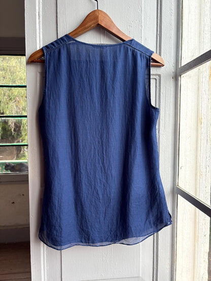 Massimo Dutti Silk Cotton Camisole, Blue Ruffle Blouse, Women Pearl Button summer Top, S