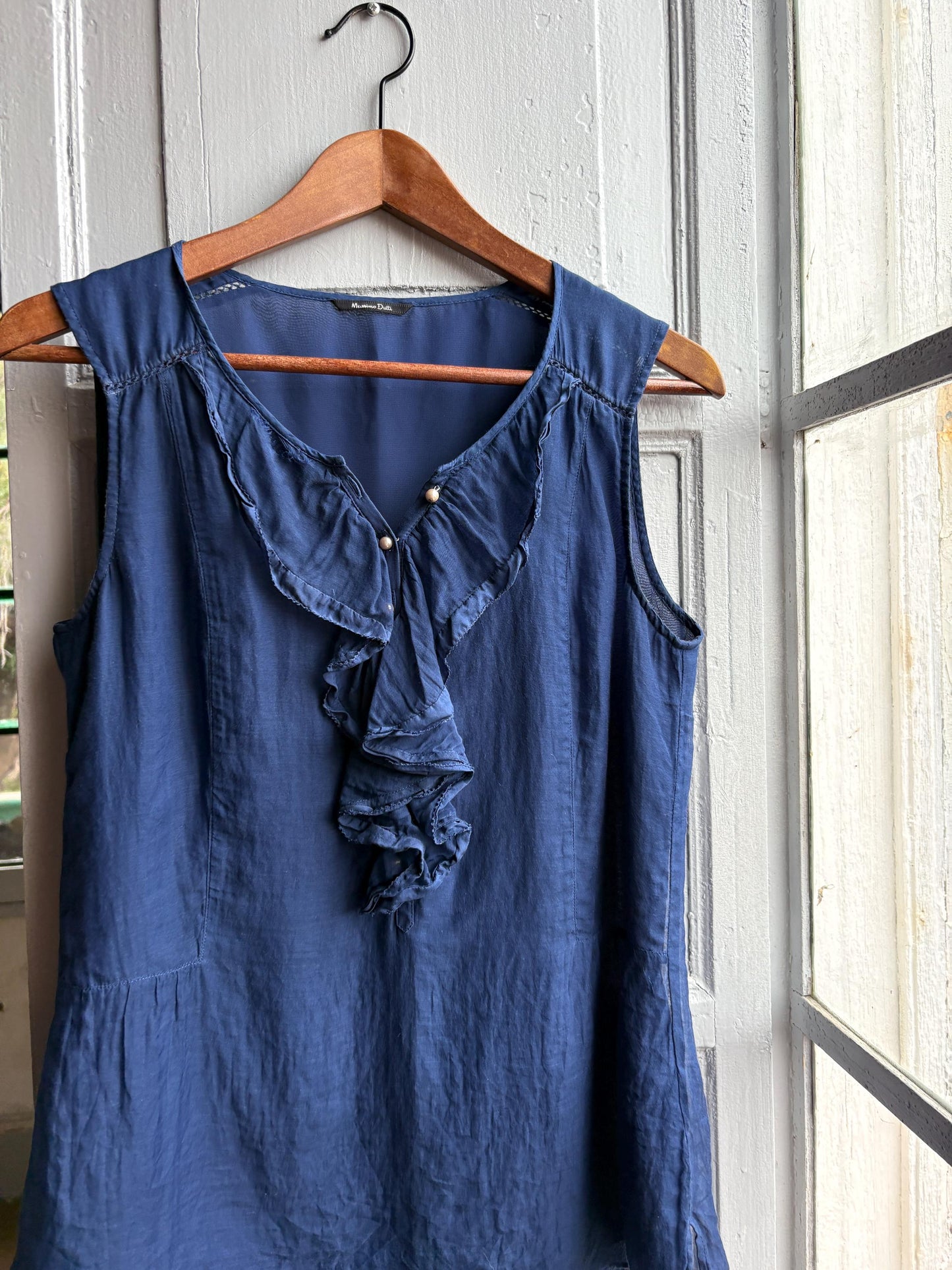 Massimo Dutti Silk Cotton Camisole, Blue Ruffle Blouse, Women Pearl Button summer Top, S