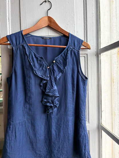 Massimo Dutti Silk Cotton Camisole, Blue Ruffle Blouse, Women Pearl Button summer Top, S