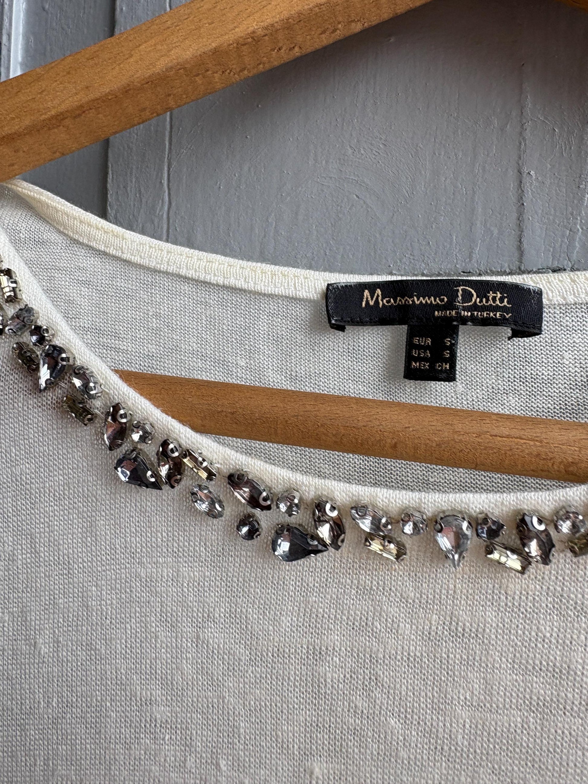 Ivory Beaded Neckline Minimalist Blouse — detail