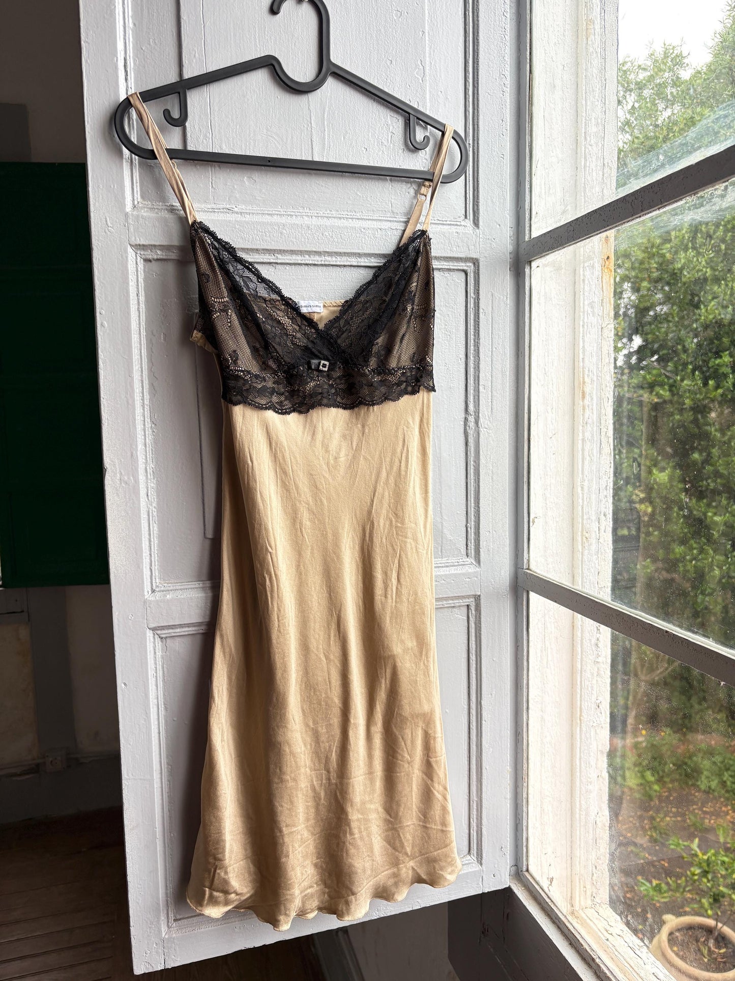 Silk Lace Slip Dress in Beige Black — fabric close-up