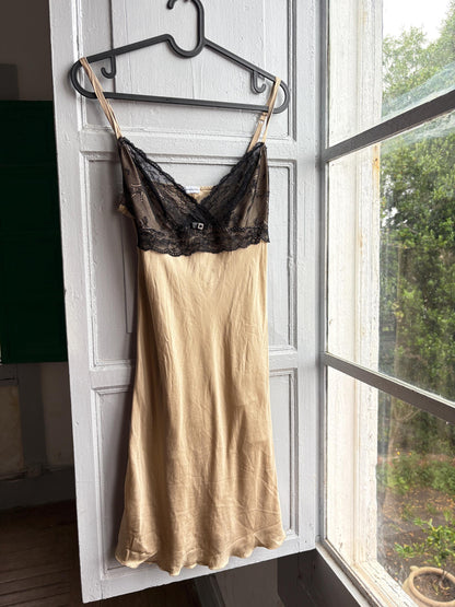 Silk Lace Slip Dress in Beige Black — fabric close-up