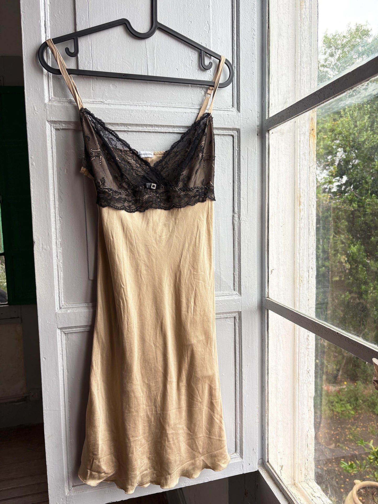 Silk Lace Slip Dress in Beige Black — detail