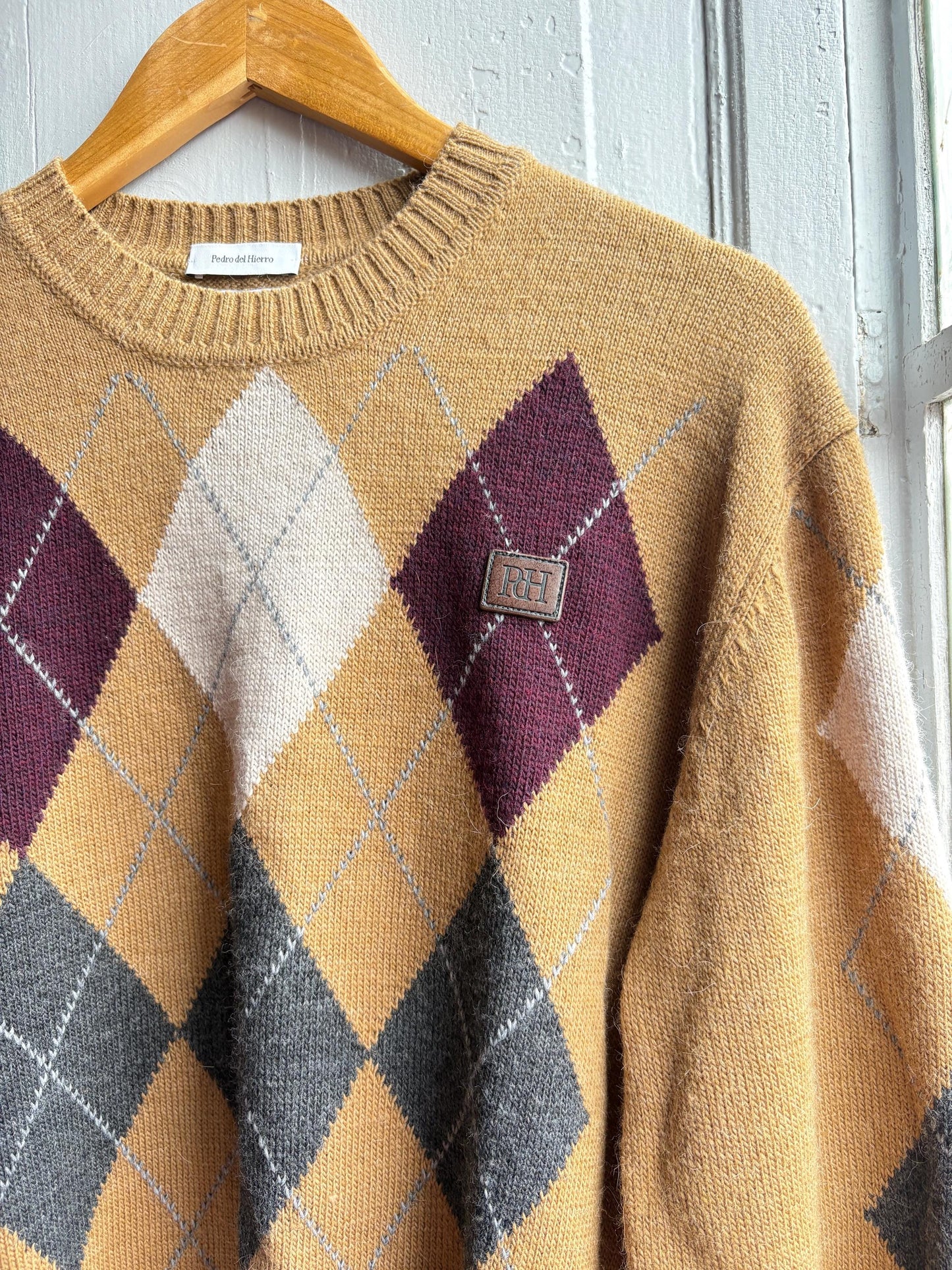 Pedro Del Hierro Argyle Jumper, Mens Luxury Knit, Italian Yarn, Christmas Sweater, Wool Blend, Size XL